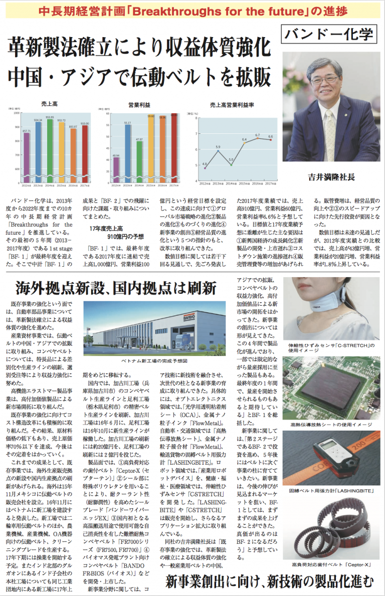 バンドー化学、中長期経営計画「Breakthroughs for the future」の進捗