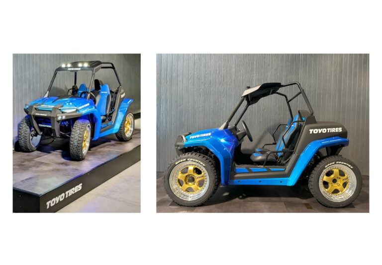 TOYO TIRE、サステナブル素材比率91％のオフロードコンセプトタイヤを装着した小型ＥＶバギーを本社ショールームに展示
